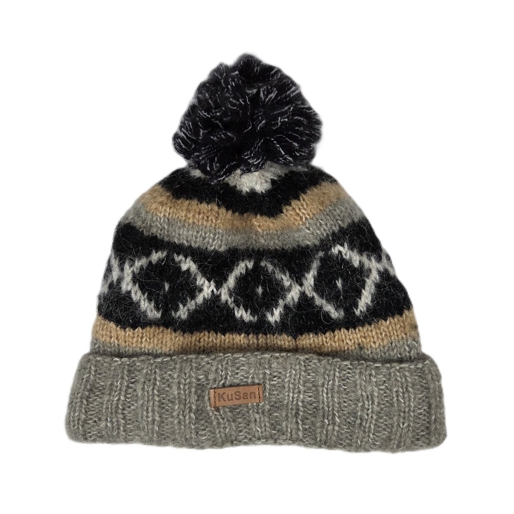 KuSan Hand Knitted 80% Wool Beanie Hat Fleece Lined Fair Isle Pom Pom Winter Cap